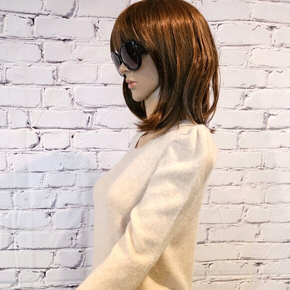 C by BLOOMINGDALE'S, 100% cashmere tan sweater with puff sleeve shoulders - Picture 7 of 10